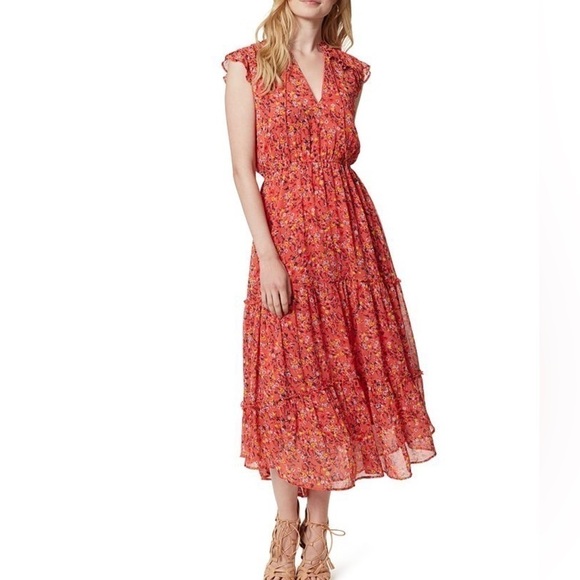 JESSICA SIMPSON Maxi Dress XS Red Floral Ruffle Trim Tiered katie - Picture 1 of 7